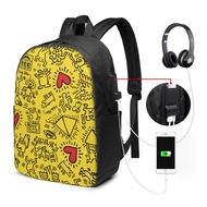 Keith Haring Backpack Laptop USB Charging Backpack 17 Inch Travel Backpack School Bag Large Capacity Student School Bag