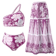3-Piece Boho Floral Bikini Set with long Skirt Women’s Halter Swimsuit High Waist Bottom + Floral Sk