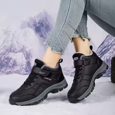 Winter Women Leather Outdoor Ankle Boots Autumn Hiking Velvet Warm Shoes Trekking Mountain Sneakers 