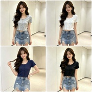 (VINS-V823705)Women's clothing top U neck short sleeves summer new style cotton fabric versatile top