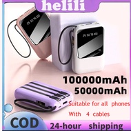100000mAh Powerbank 20000mAh Mini Powerbank Built in 4 Cables Power Bank Fast Charging LED Display P