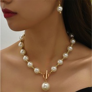 TEMU ชุดเครื่องประดับที่งดงาม 1 คู่ต่างหู + 1 สร้อยคอ ดีไซน์ OT Buckle + ประดับมุกเทียม สวยงาม ใช้เข