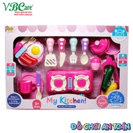 Bộ đồ chơi nhà bếp VBC-RM8202-3 có bếp nấu ăn (không pin) dao muỗng nỉa nồi rau củ VBCare