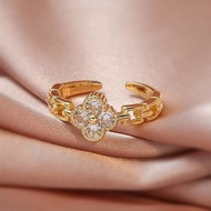 High-End Fashion Light Luxury Zircon Four-Leaf Clover Ring Clover Open Ring Female Japan Korea 2026.