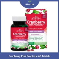 แครนเบอรรี่ ผสมโปรไบโอติกส์ 4 สายพันธุ์ 300 ล้านตัว Cranberry Plus Probiotic 60 Tablets - 21st Centu