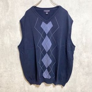 古著 ROUNDTREE & YORKE 菱形針織背心毛衣，V 領，超大號，海軍藍，XXXL 碼