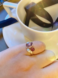 Natural Stone - 純銀 水滴造型戒指 石榴石 天然珍珠 電氣