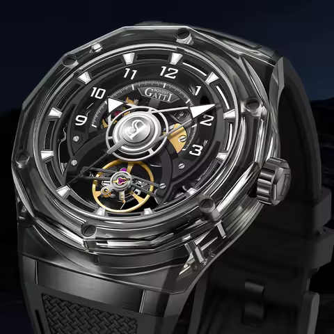 BONEST GATTI Automatic Watch Transparent Case Mechanical Wristwatch Rubber Strap Skeleton Dial Watch