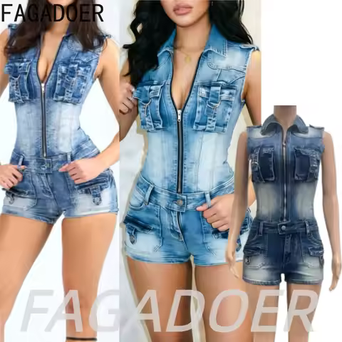 FAGADOER Streetwear Pocket Cargo Denim Romper Y2K Women Zipper Bodycon Jean Jumpsuits Summer Fashion