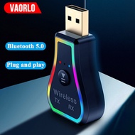 VAORLO 2 in 1 Bluetooth 5.0 Receiver Transmitter Plug and Play Stereo Music Wireless Audio Adapter Colorful Light BT Car Receiver With Mic For T V PC Speaker