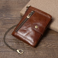 [Cc wallet] Leather Men Wallet with Anti-Theft ChainGenuine Leather RFID Bifold Wallets Multifunctional Card Holder Minimalist Purse Zipper