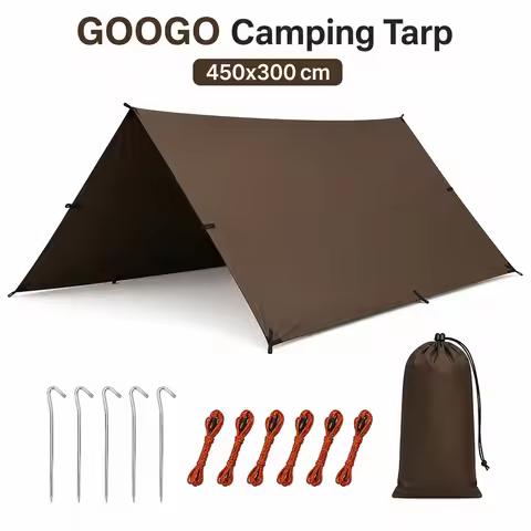 GOOGO Brown Camping Tarp 450x300cm, 210T Polyester Waterproof Outdoor Shelter Canopy for Camping Pic