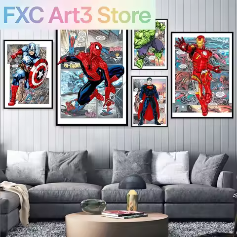 Frameless Marvel Superhero Wall Art Posters SpiderMan Iron Man Avengers Cartoon Canvas Painting Prin