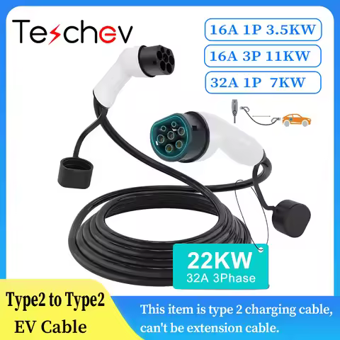 Teschev 16A/32A 22kW Electric Car Charging Cable Type 2 Cable to Type 2 Fast Charging Cable Compatib