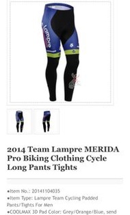 Lampre 車隊 2014版 美利達 MERIDA 自行車褲 【尺寸】：XL號 腰寬 : 32-35、褲襠 : 、臀圍 : 、大腿 : 、全長 : 98、褲腳 : 24、單位公分 【新舊】：全新