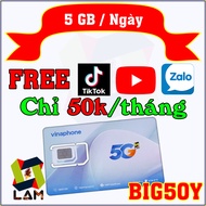 FREESHIP - CHƯA KÍCH HOẠT. (Có eSIM) Sim 4G 5G Vinaphone BIG50Y 5GB/Ngày Tỷ GB Mạng Xã Hội. Gia hạn