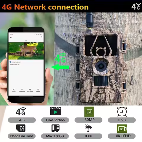 4G 1080P HD LIVE Video 8AA Battery Cellular Trail Camera 60MP 8/4K Wireless Game APP Cloud Service W