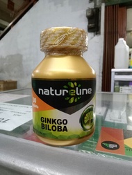 Natureline Ginkgo Biloba minuman kesehatan dengan kemasan botol plastik berwarna emas dan label hita