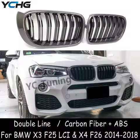 X3 F25 (LCI) X4 F26 Double line ABS Carbon Fiber Front Bumper Grille For BMW X3 X4 Series F25 F26 AB