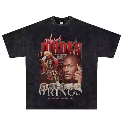 Michael Jordan 6 Rings Acid Wash Basketball T-Shirt Breathable Cotton Crew Neck Y2K Streetwear Sport