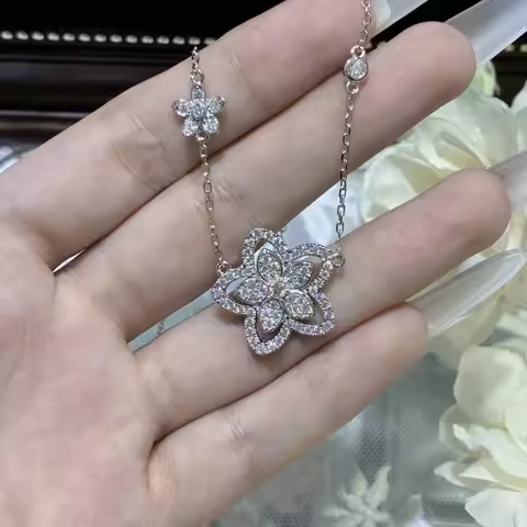 Follow Cloud Total 0.9ct Full Moissanite Flower Pendant Necklace for Women 925 Sterling Silver Plate