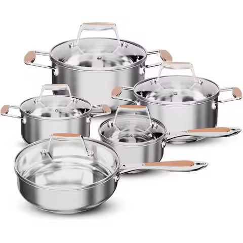 5Ply Stainless Steel Cookware Set with 10 Pieces Including Fry Pan Saucepan and Sauce Pots for Induc