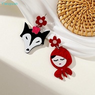 <Yiwuyuan> Creative Cartoon Stud Earrings Fun Little Red Riding Hood With Big Bad Wolf Acrylic Asymm