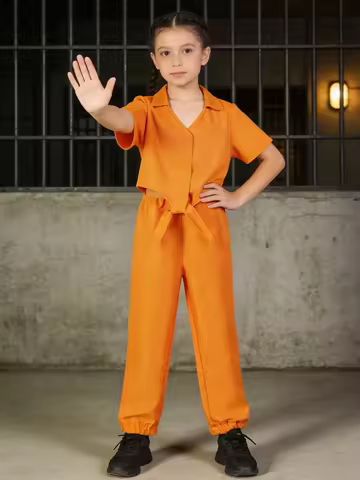 Halloween Kids Prisoner Costume Orange Inmate Outfit Two Piece Cosplay Set