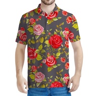 Retro Rose Flower 3D Printed Polo Shirt Men Summer Floral Pattern Short Sleeves Lapel Button Tee Shi