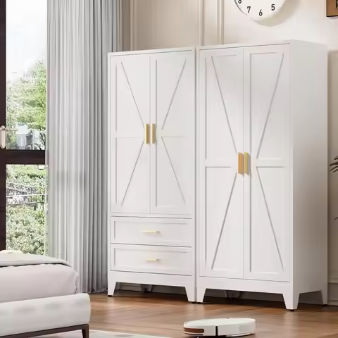 71'' Metal Wardrobe Closet with Barn Door, 5 Shelves, Drawer, White