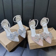 Stone bow heel with pointed toe, 9cm high glitter heel