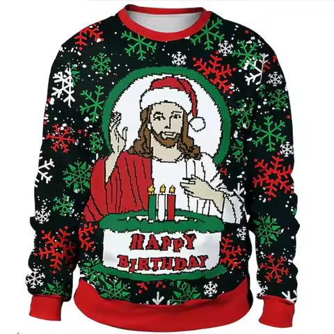 Jesus Snowflake Pattern Hoodie For Men Christmas Tree Dog 3D Print Pullover Autumn Long Sleeve O-Nec