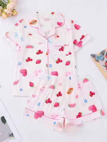 Women's 2-Piece Summer Watermelon Blueberry Print Pajama Set Short Sleeve Button Shirt Stretchy Shor