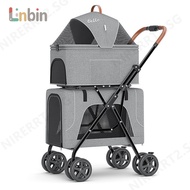 linbin.sg Pet Stroller Lightweight Cat Stroller Folding Double-Layer Cat Stroller Detachable Cat Cag