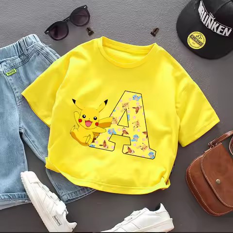 Pokemon T-shirt for Children A-Z Letters Tee Tops Cute Pikachu Boys Girls Clothes Anime Kids Short S