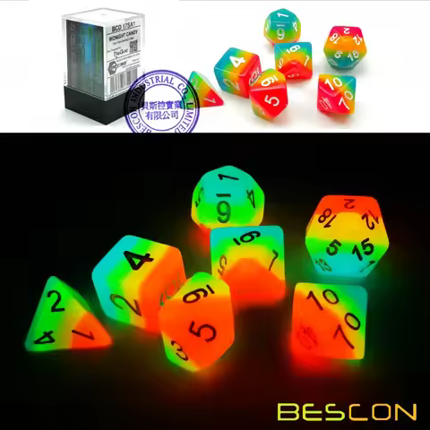 Bescon Fantasy Rainbow Glowing Polyhedral Dice 7pcs Set MIDNIGHT CANDY, Luminous RPG Dice Set Glow i