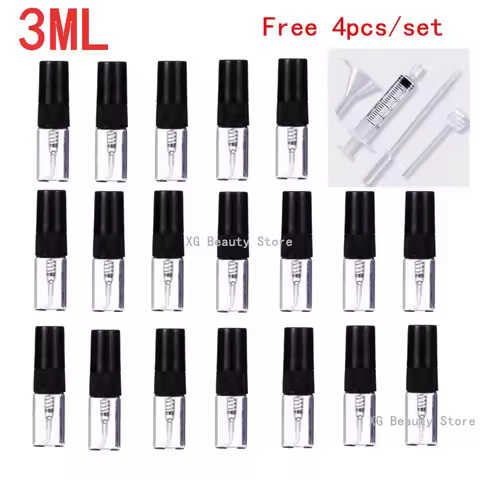 5/10/50/100PCS 3ML Black Refillable Bottle Glass Spray Bottle With 4 Accessories , 1 Dropper, 1 Funn