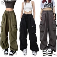 ZANZEN Korean Casual Women Long Pants Baggy Wide Leg Straight Long Pants Big Pockets Oversize Dance 