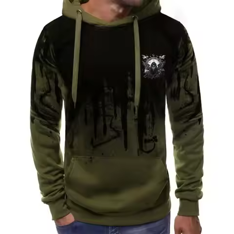 Men's Hoodie Olive Green Black Drip Print Skull Logo Casual Streetwear Sweatshirt for Daily Wear and