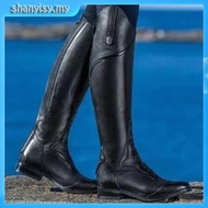 Large Size Round Toe Black Faux PU High Boots Back Zipper Riding Horse Knight Cowgirl Boots