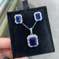 2-4 CT Lab Grown Sapphire Emerald Cut Necklaces/Earrings/Rings 925 Sterling Silver Jewelry Sets 2Pcs