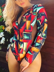 【Latest Style】 2024 Surf Swimsuit Long Sleeve Printed Swimwear Women Zipper One Piece Rashguard Diving Clothes Bathing Swimming Suit