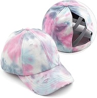 Exclusives Washed Distressed Cotton TIE-DYE Denim Criss-Cross Ponytail Hat Adjustable Baseball Cap B