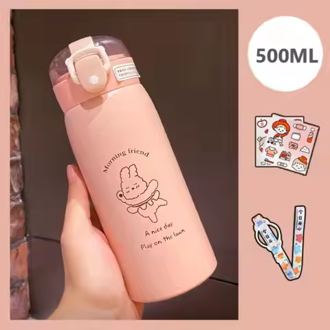 350ml/500ml Cute Water Bottle Thermos Cup Portable Kawaii Thermos Bottle with Straw and Stickers Kid