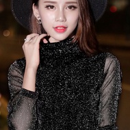 2023 Spring and Autumn Turtleneck Velvet Padded Lace Shirt Women's Top Korean Style Thick Mesh Long Sleeve T-shirt Inner Wear Blouse Small Shirt