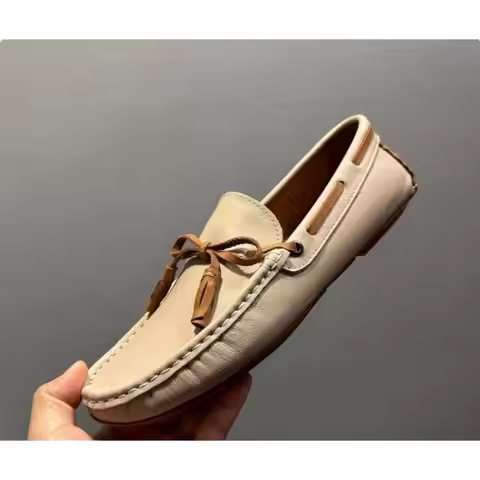 Handcrafted Beige Leather Tassel Driving Loafer – Premium Comfort, Versatile Style for Gentlemen
