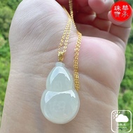 缅甸A货翡翠葫芦，细糯化，种老起胶，厚装6.1mm, 18k AU750小金扣头，底子干净，完美无裂。