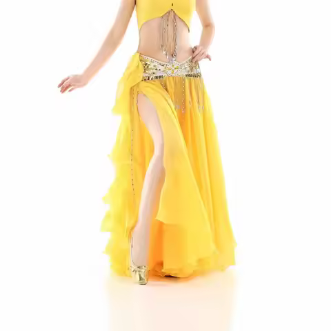 Chiffon Curled Leaf Belly Dance Costume 2 Piece Top Skirt Set with Sequined Hip Belt Split Chiffon S