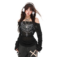 y2k y2k Women's Clothing Translucent Tops Hot Girls American Printed One-Shoulder Slightly Transpare