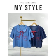 Big Size Embroidered Denim Lotus Collar Shirt Chest 49-54 Inches